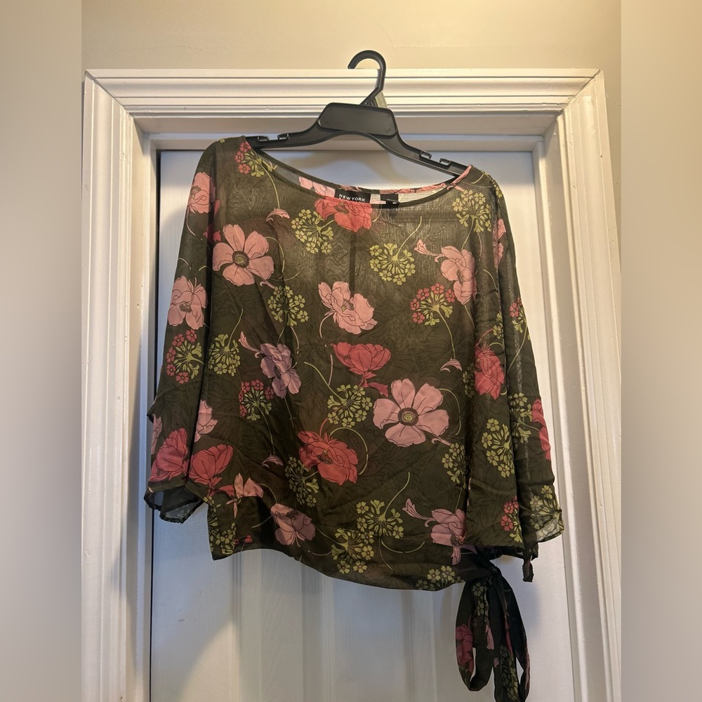 New York & Company Floral Sheer Blouse - Pink and Green